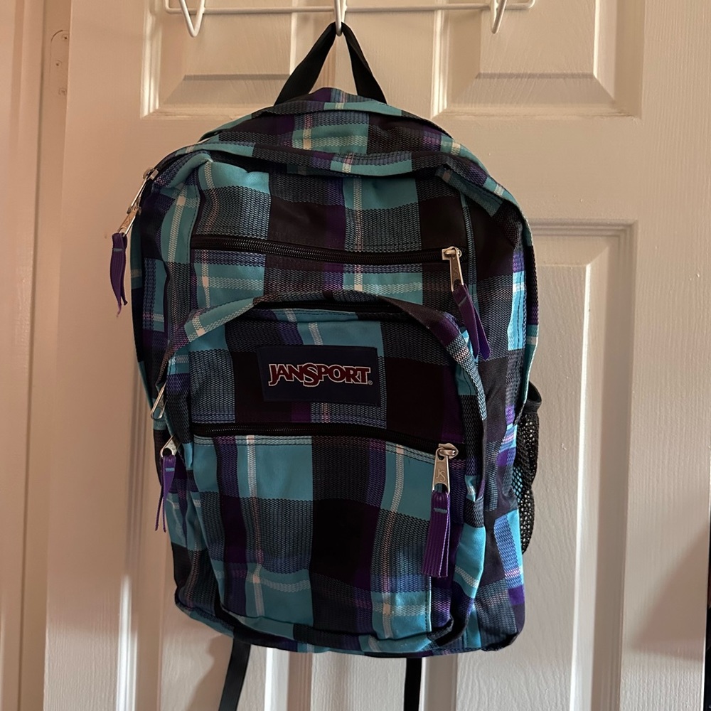 Jansport Big Student blue & purple plaid print backpack - unisex
